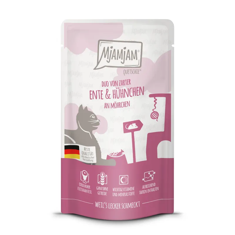 Top-Seller MJAMJAM Katze Pouchbeutel DUO Ente & Hühnchen mit Möhrchen 125 g